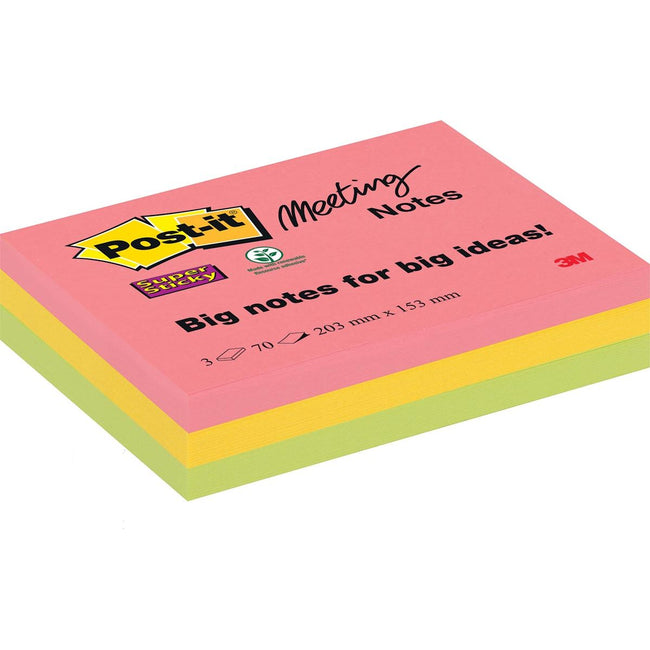 Post-it -  Super Sticky Meeting notes, 70 vel, ft 203 x 153 mm, geassorteerde kleuren, pak van 3 blokken