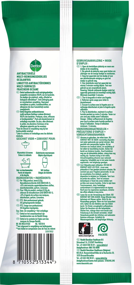 Dettol -   reiningsdoekjes antibacterieel, oceaanfris, pak van 72 stuks (afbeelding 2)