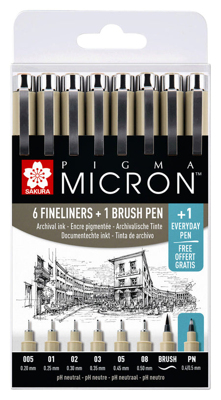 Sakura -  Fineliner Pigma Micron 6 schrijfbreedtes, brushpen en PN zwart