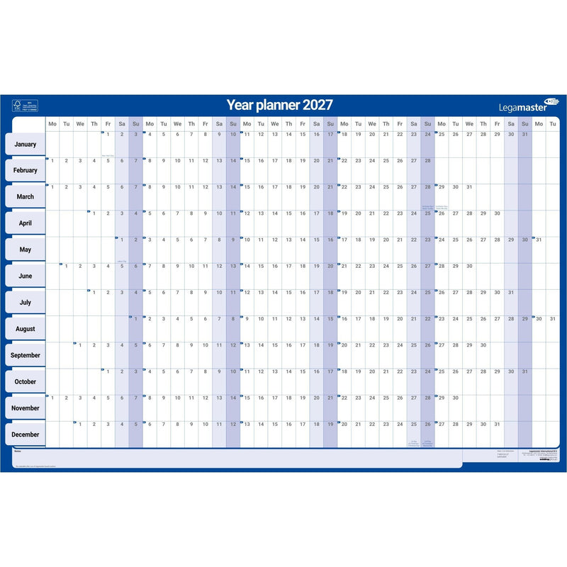 Legamaster -  Jaarplanner 2027 90x60cm horizontaal gelamineerd en oprol..