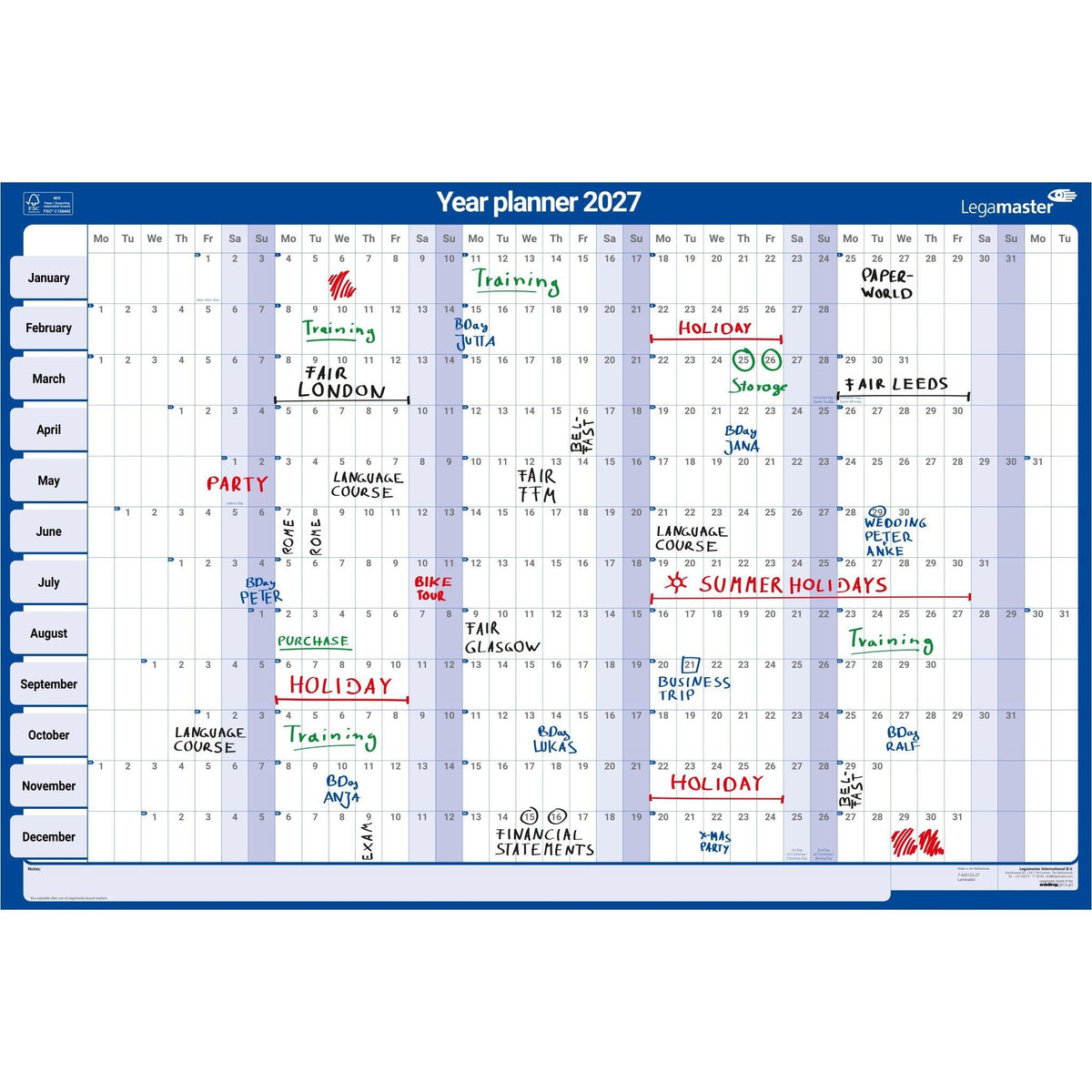 Legamaster -  Jaarplanner 2027 90x60cm horizontaal gelamineerd en oprol..