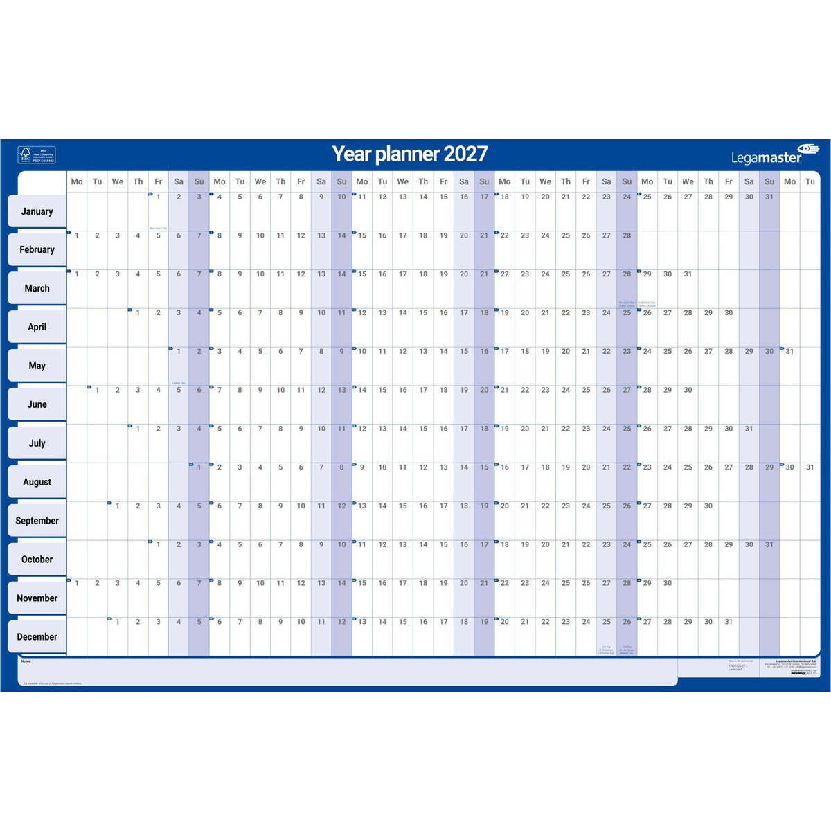 Legamaster -  Jaarpl27 lm 90x60cm hor gelamineerd en oprolbaal