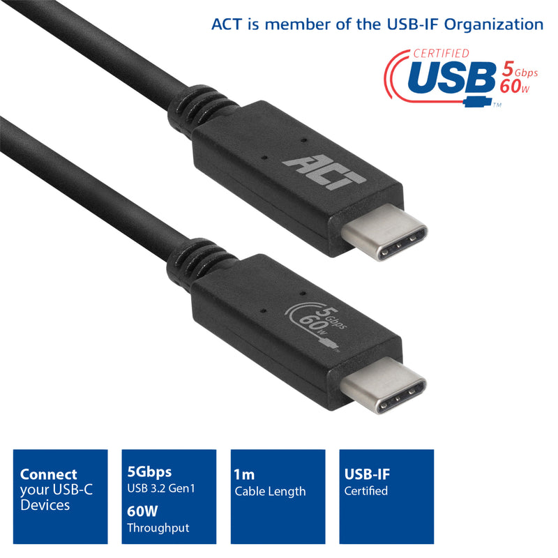 ACT -   USB 3.0 kabel, USB-C, USB-IF gecertificeerd, 1 meter