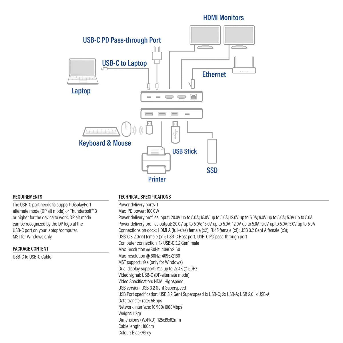 ACT -   USB-C 4K MST dockingstation voor 2 HDMI-monitoren, Ethernet, USB-C, 3x USB-A, PD passthrough en 1 meter lange af