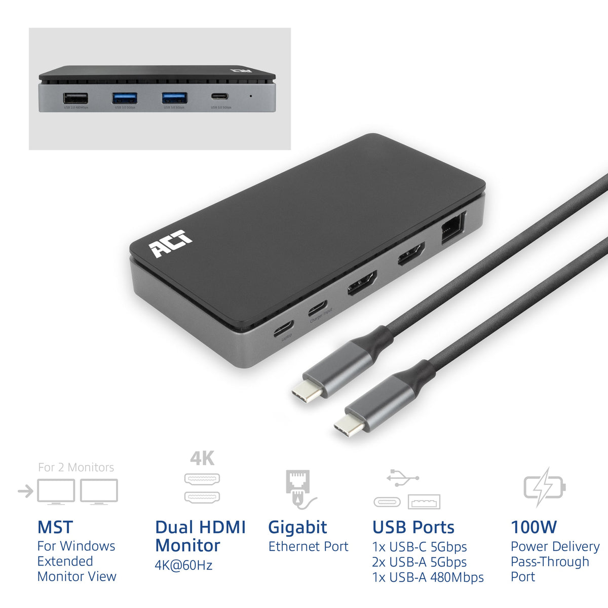 ACT -   USB-C 4K MST dockingstation voor 2 HDMI-monitoren, Ethernet, USB-C, 3x USB-A, PD passthrough en 1 meter lange af