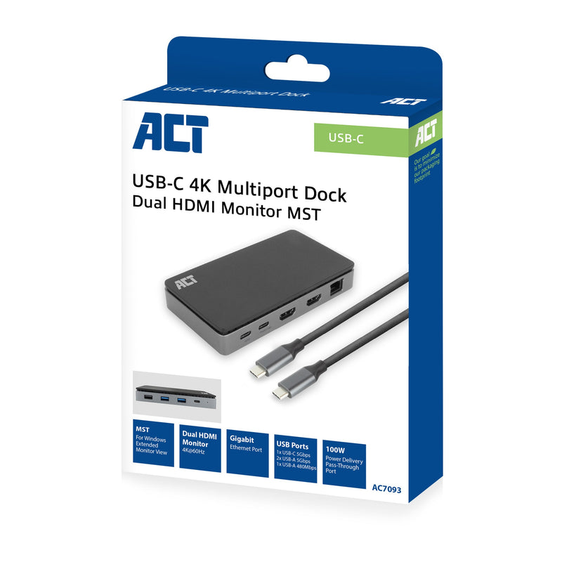 ACT -   USB-C 4K MST dockingstation voor 2 HDMI-monitoren, Ethernet, USB-C, 3x USB-A, PD passthrough en 1 meter lange af