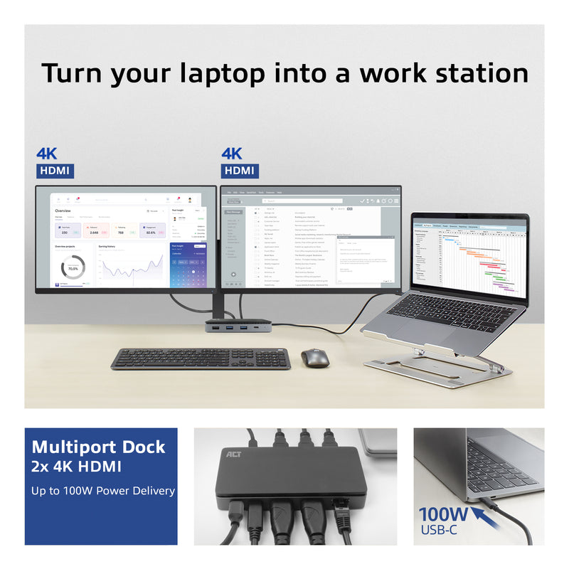 ACT -   USB-C 4K MST dockingstation voor 2 HDMI-monitoren, Ethernet, USB-C, 3x USB-A, PD passthrough en 1 meter lange af