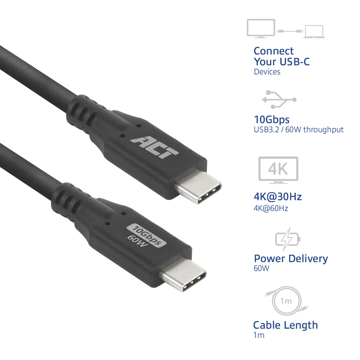 ACT -   USB 3.0 10Gbps 60W USB Type-C kabel, 1 meter