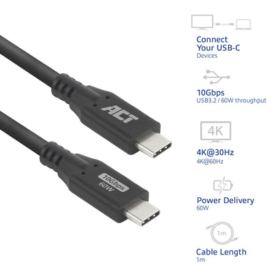 ACT -   USB 3.0 10Gbps 60W USB Type-C kabel, 1 meter