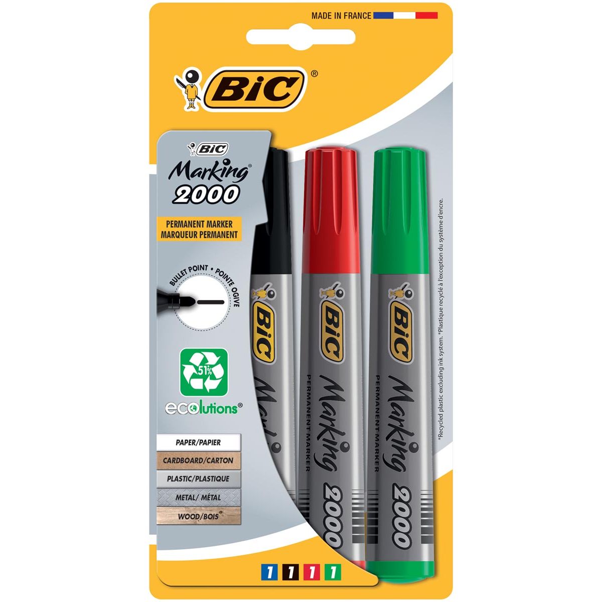 Bic - pennarello indelebile 2000, scatola da 4 pezzi in colori assortiti