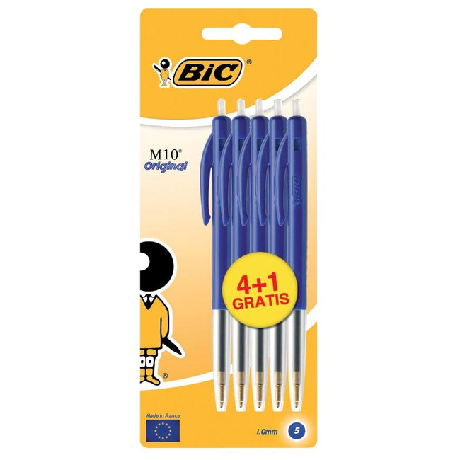Bic - bolígrafo M10 Clic ancho de escritura 0,4 mm, punta media, azul, blister 4 + 1 gratis