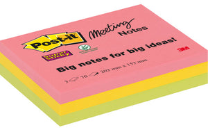Post-it - Notes de réunion super collantes, 70 feuilles, pi 203 x 153 mm, couleurs assorties, paquet de 3 blocs