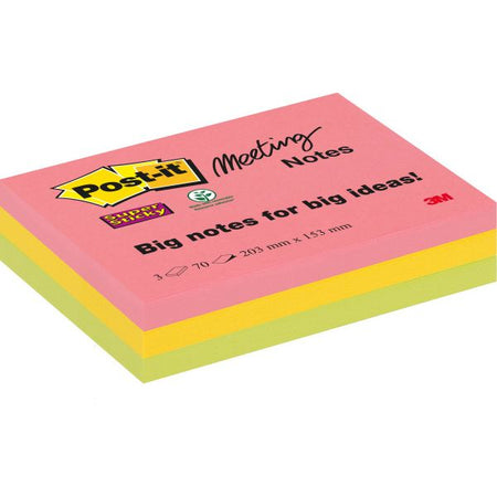 Post-it - Super Sticky Meeting notes, 70 sheets, ft 203 x 153 mm, assorted colors, pack of 3 pads