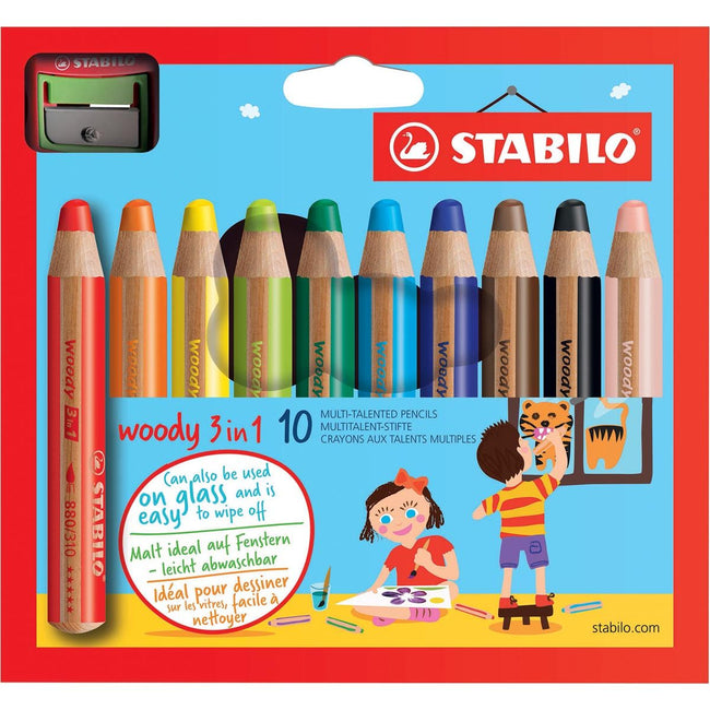 STABILO - crayon de couleur woody 3en1, étui de 10 pièces couleurs assorties