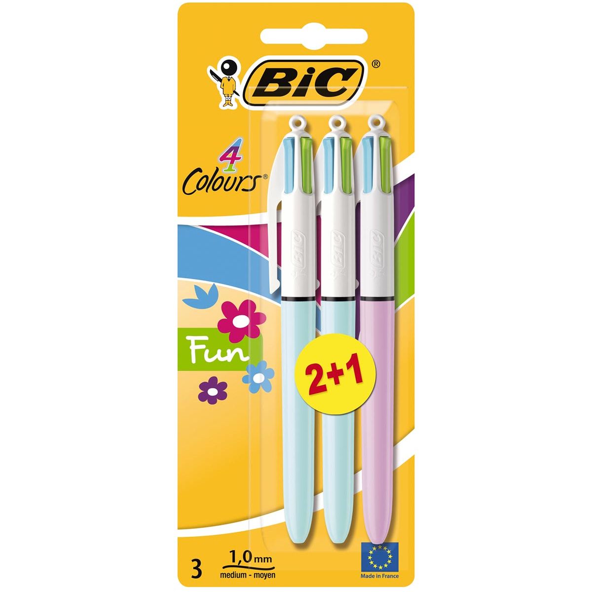 Bic - Colours Fun 4-kleurenbalpen, medium, pastel inktkleuren, blister van 2+1 gratis