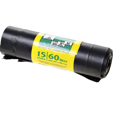 Komo - Bolsa de basura 60 litros con cordón negro rollo de 15 piezas