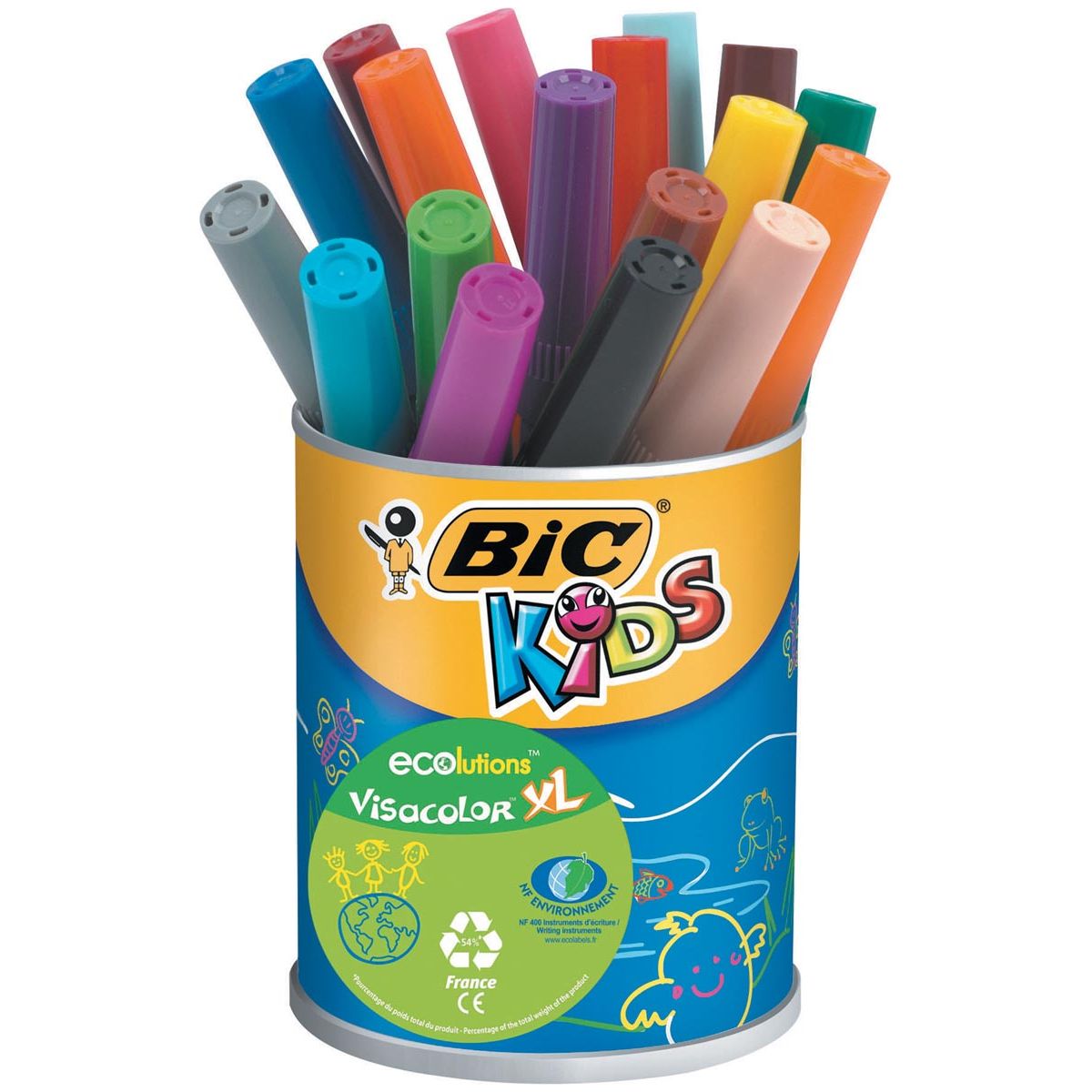 BIC Kids - Kids FeltStift Visacolor XL Ecolutions 18 marqueurs dans un pot en métal