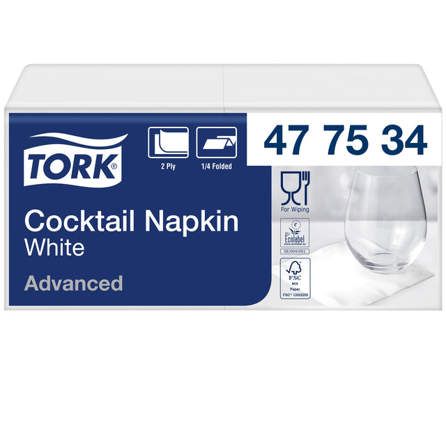 Tork - Servilleta de cóctel Advanced Pliegue 1/4 2 capas 238x238mm 200 hojas blanco 477534 | 12 piezas