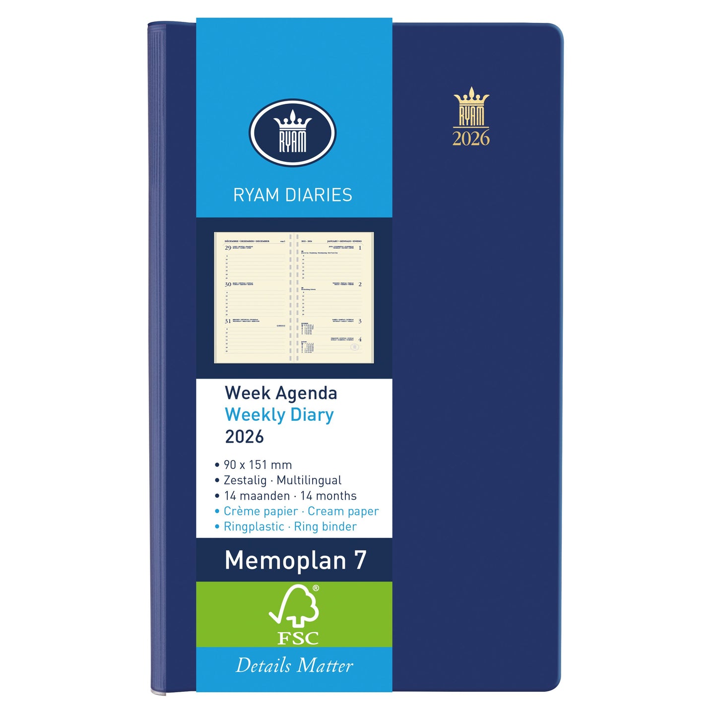 Ryam - Agenda 2026 Memoplan 7 Suprema 7 giorni/2 pagine ad anelli in plastica assortiti