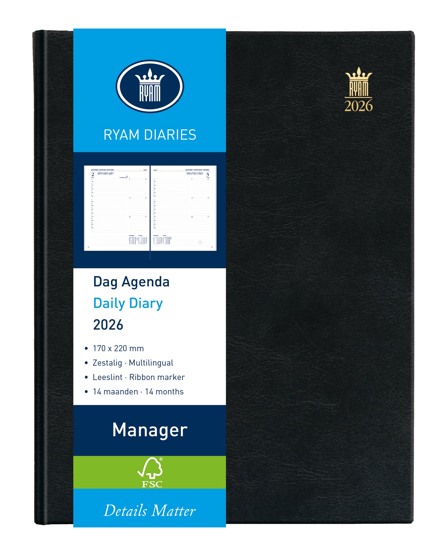 Ryam - Agenda 2026 Manager Mundior 1 Tag/1 Seite schwarz