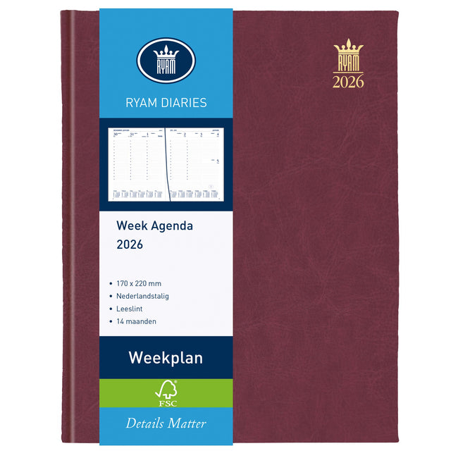 Ryam - Agenda 2026 Piano settimanale Mundior 7 giorni/2 pagine bordeaux