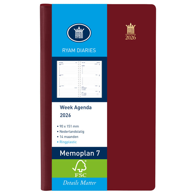 Ryam - Agenda 2026 Memo plan 7 Suprema ringplasic 7 giorni/2 pagine bordeaux