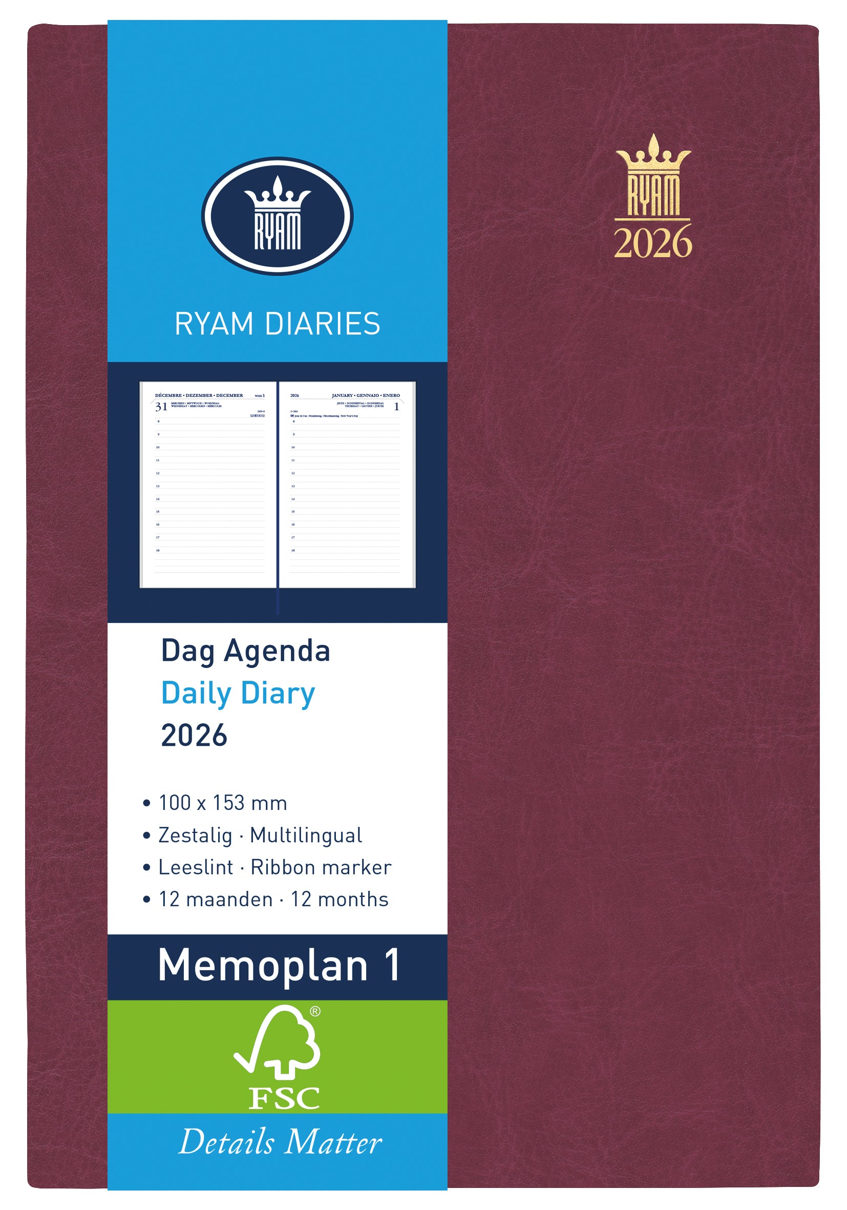 Ryam - Agenda 2026 memo plan 1 mundior 1d/1p bordeaux