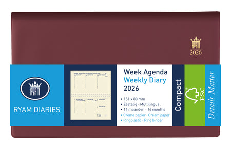 Ryam - Agenda 2026 Compact Suprema 7 Tage/2 Seiten Ring Kunststoff Burgunderrot