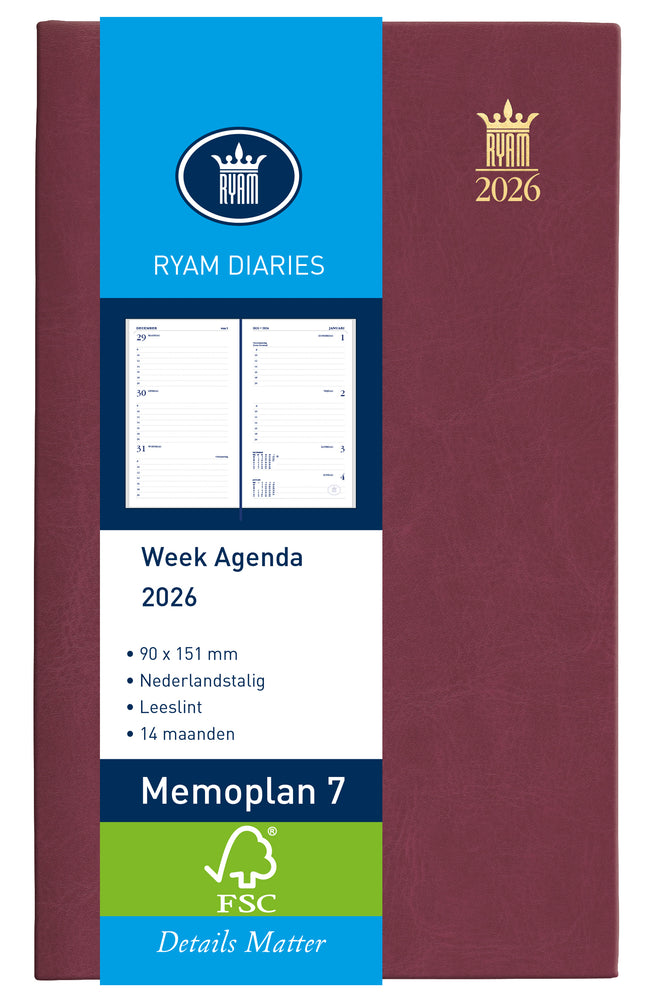 Ryam - Agenda 2026 Plan mémo 7 Mundior 7 jours/2 pages bordeaux
