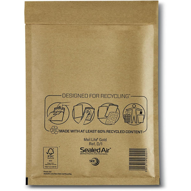 Mail Lite - enveloppes à bulles, or, D/1, 180 x 260 mm, boîte de 200