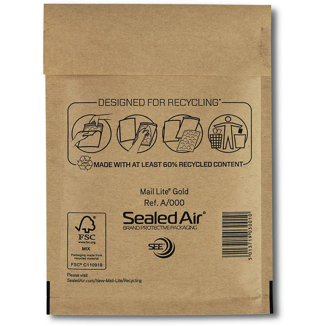 Mail Lite - enveloppes à bulles, or, A/000, 110 x 160 mm, boîte de 200