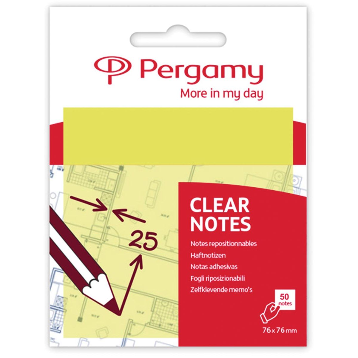 Pergamia - notas transparentes, pies 76 x 76 mm, 50 hojas, amarillo