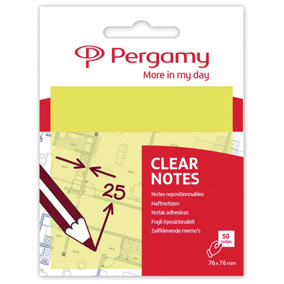 Pergamy - Pergamy transparante notes, ft 76 x 76 mm, 50 vel, geel