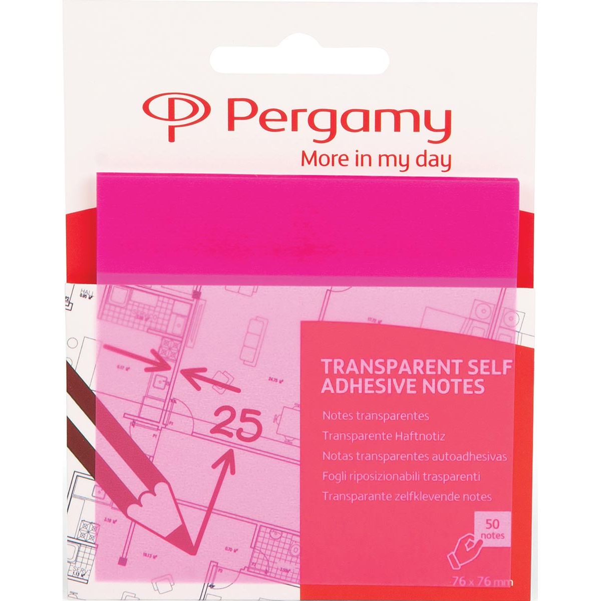 Pergamia - notas transparentes, pies 76 x 76 mm, 50 hojas, rosa