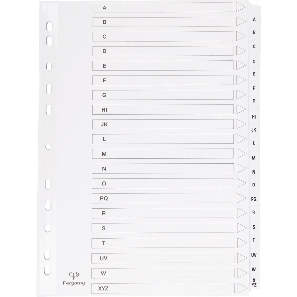 Pergamy - pestañas con hoja índice, pies A4, perforadora de 11 agujeros, A-Z con 20 pestañas