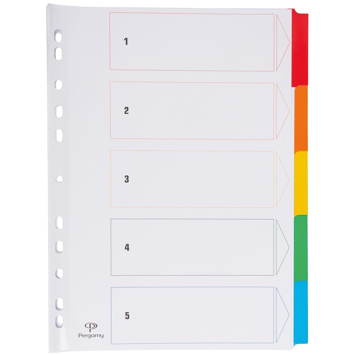 Pergamy - schede con foglio indice, ft A4, perforatrice a 11 fori, colori assortiti, 5 schede
