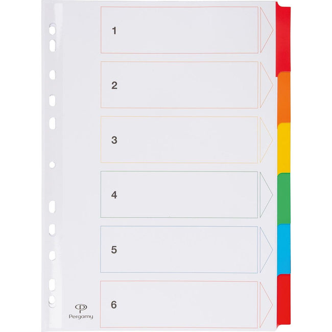 Pergamy -   tabbladen met indexblad, ft A4, 11-gaatsperforatie, geassorteerde kleuren, 6 tabs