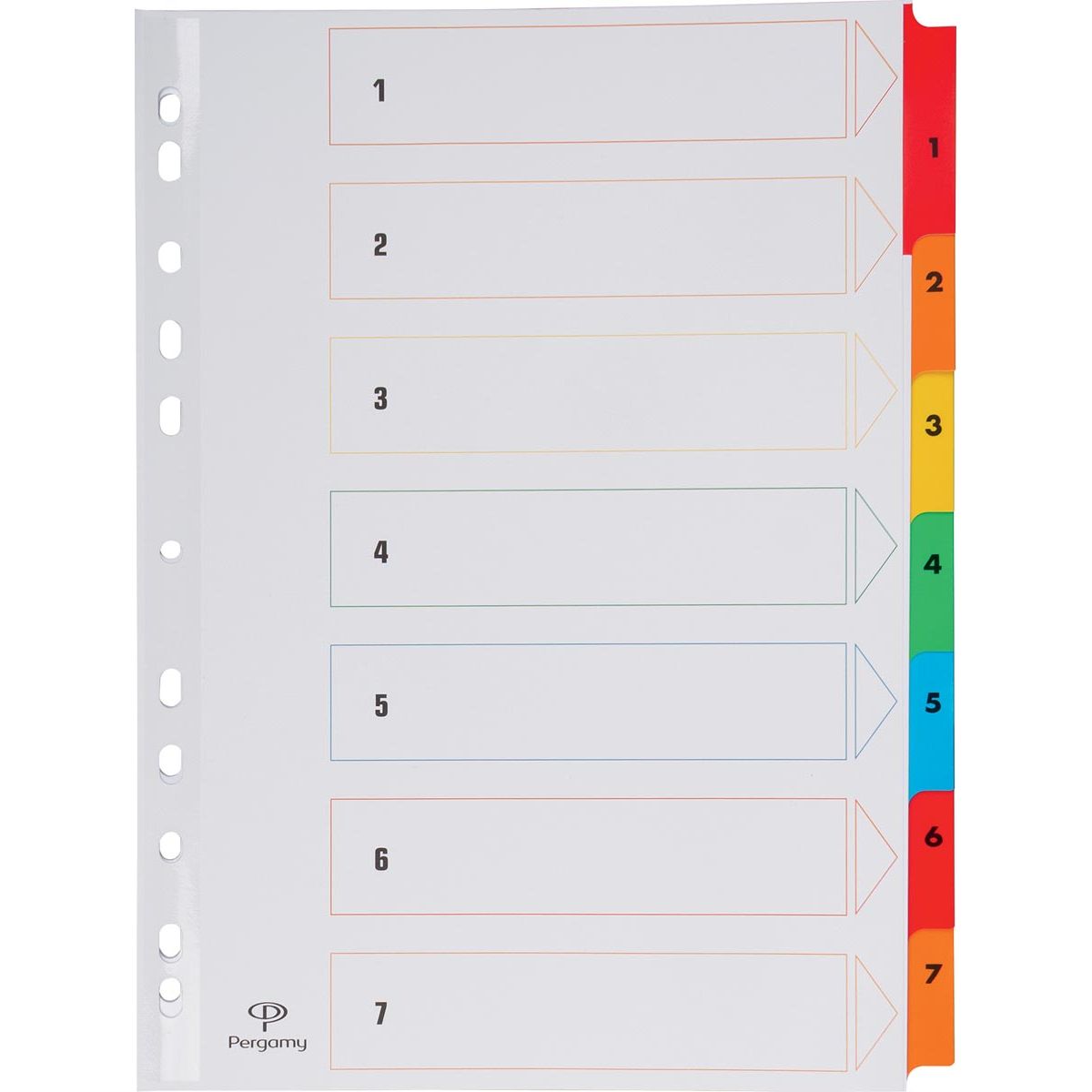 Pergamy - schede con foglio indice, ft A4, perforatrice a 11 fori, colori assortiti, set 1-7