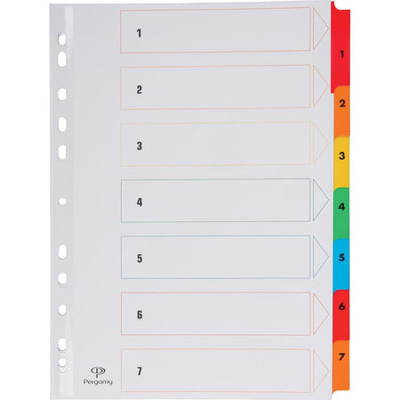 Pergamy -   tabbladen met indexblad, ft A4, 11-gaatsperforatie, geassorteerde kleuren, set 1-7