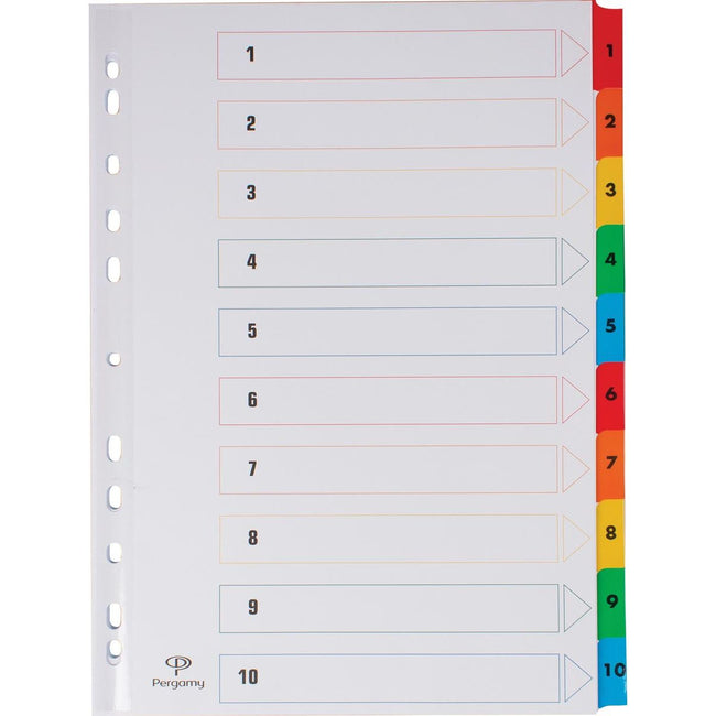 Pergamy - Pergamy tabbladen met indexblad, ft A4, 11-gaatsperforatie, geassorteerde kleuren, set 1-10