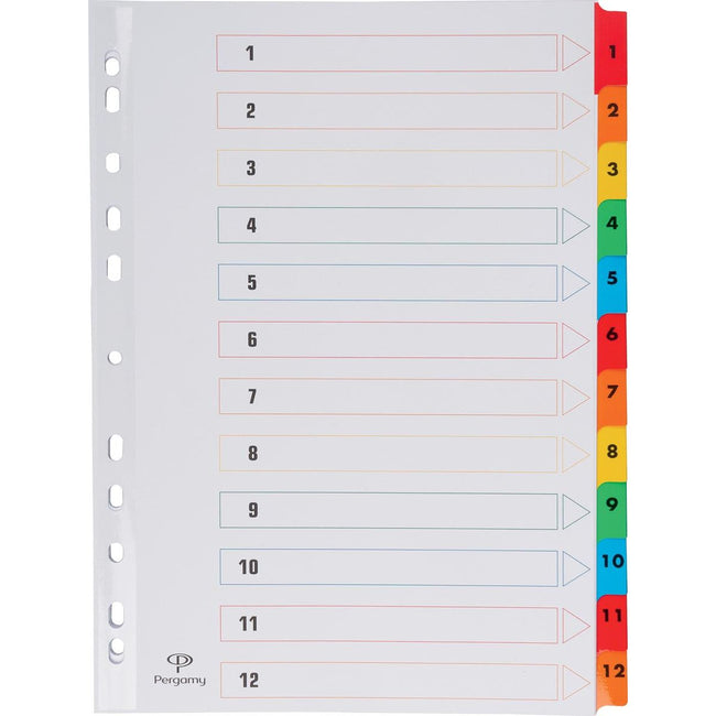 Pergamy - Pergamy tabbladen met indexblad, ft A4, 11-gaatsperforatie, geassorteerde kleuren, set 1-12