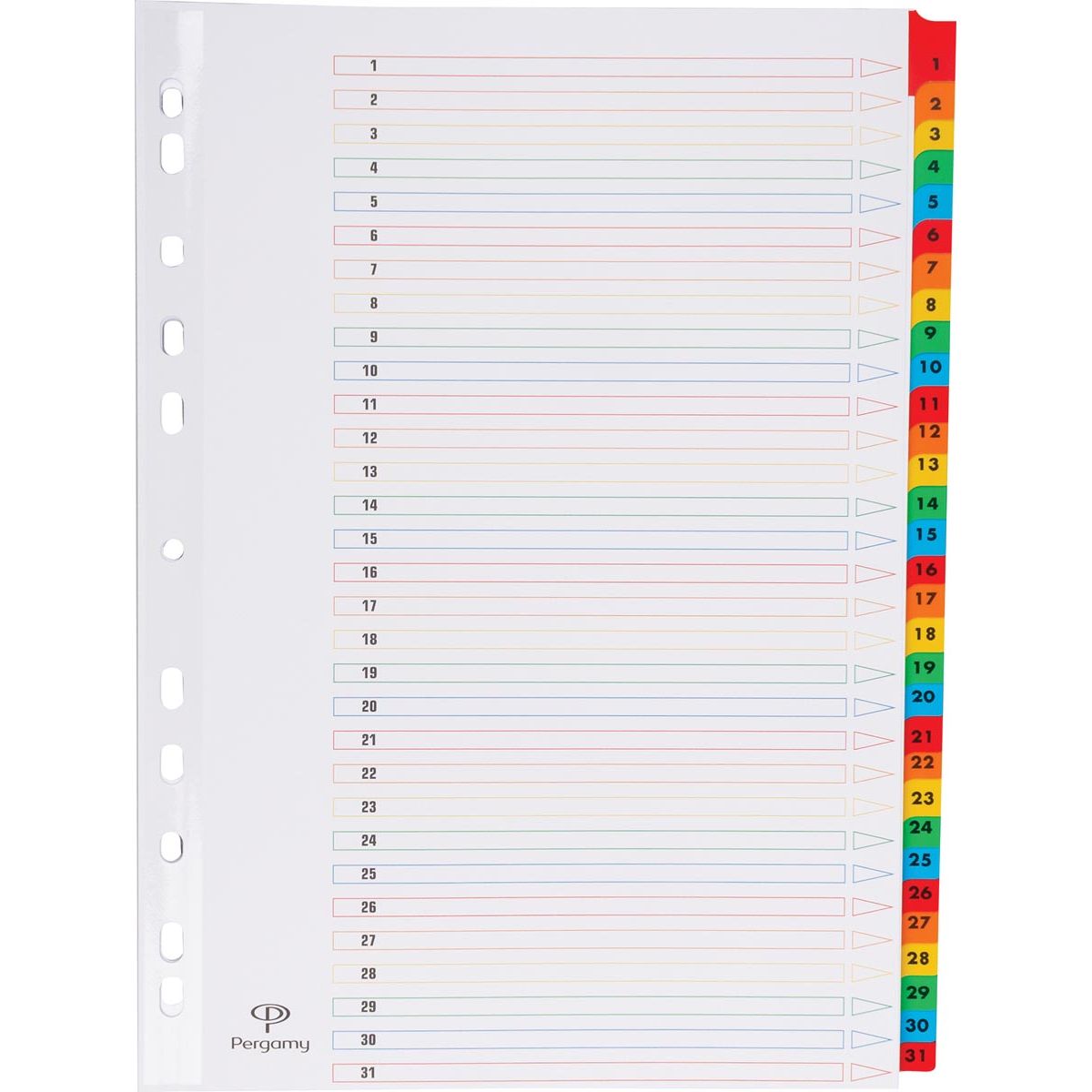 Pergamy - schede con foglio indice, ft A4, perforatrice a 11 fori, colori assortiti, set 1-31