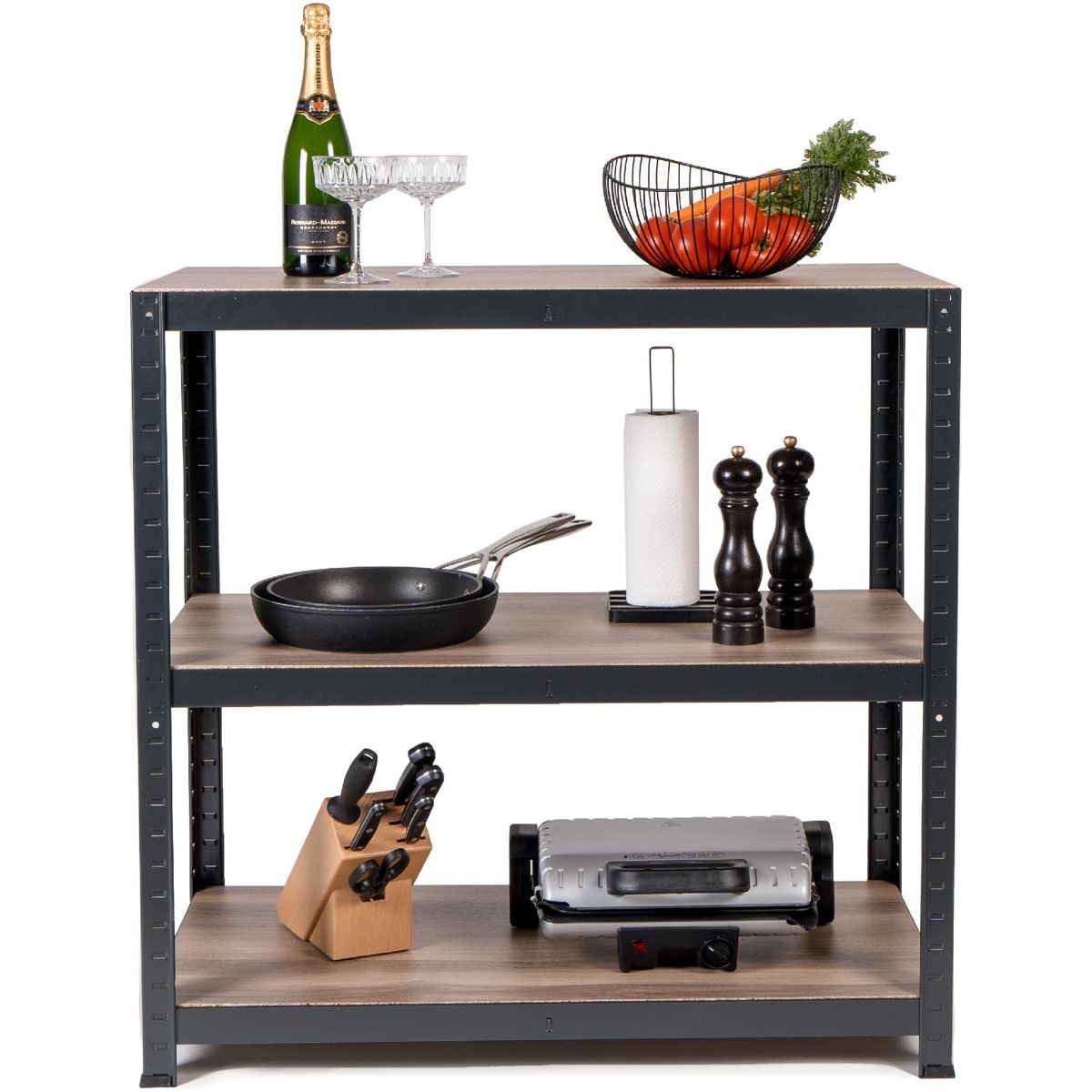 Avasco - ein Rek -Heimtisch, ft 88 x 90 x 45 cm, 3 Regale, aus Metall, Schwarz