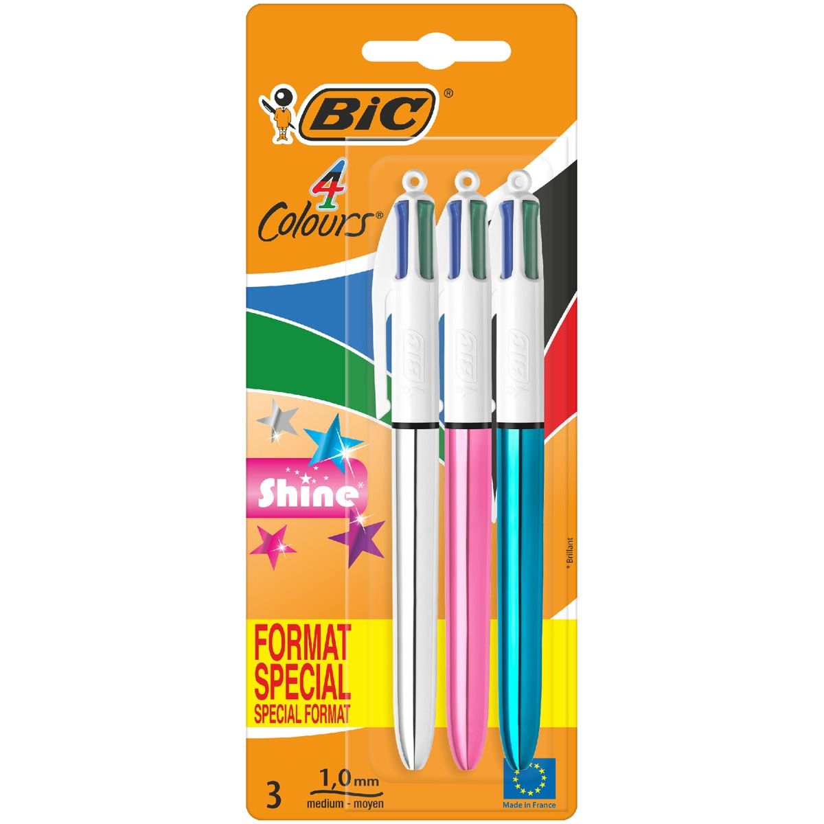 Bic - Penna a sfera Colors Shine 4 colori, media, inchiostro colori classici, blister da 3 pezzi