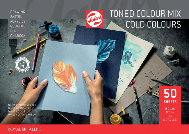 Talens - colored drawing paper, 180 g, ft 29.7 x 42 cm, A3, assorted cold colors, pad of 50 sheets