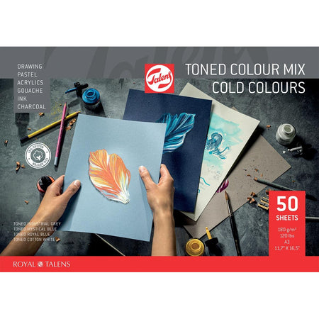 Talens – farbiges Zeichenpapier, 180 g, ft 29,7 x 42 cm, A3, verschiedene kalte Farben, Block mit 50 Blatt