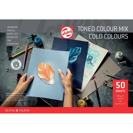 Talens - carta da disegno colorata, 180 g, ft 21 x 29,7 cm, A4, colori freddi assortiti, blocco da 50 fogli