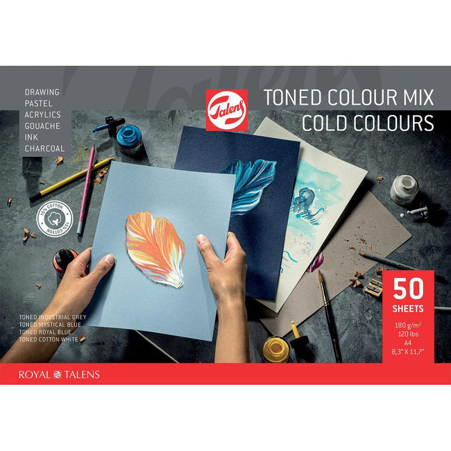 Talens -  gekleurd tekenpapier, 180 g, ft 21 x 29,7 cm, A4, geassorteerde koude kleuren, blok van 50 vel
