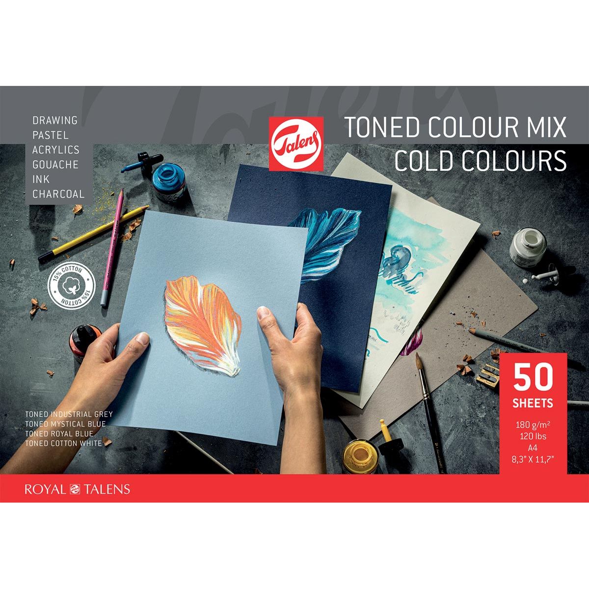 Talens -  gekleurd tekenpapier, 180 g, ft 21 x 29,7 cm, A4, geassorteerde koude kleuren, blok van 50 vel