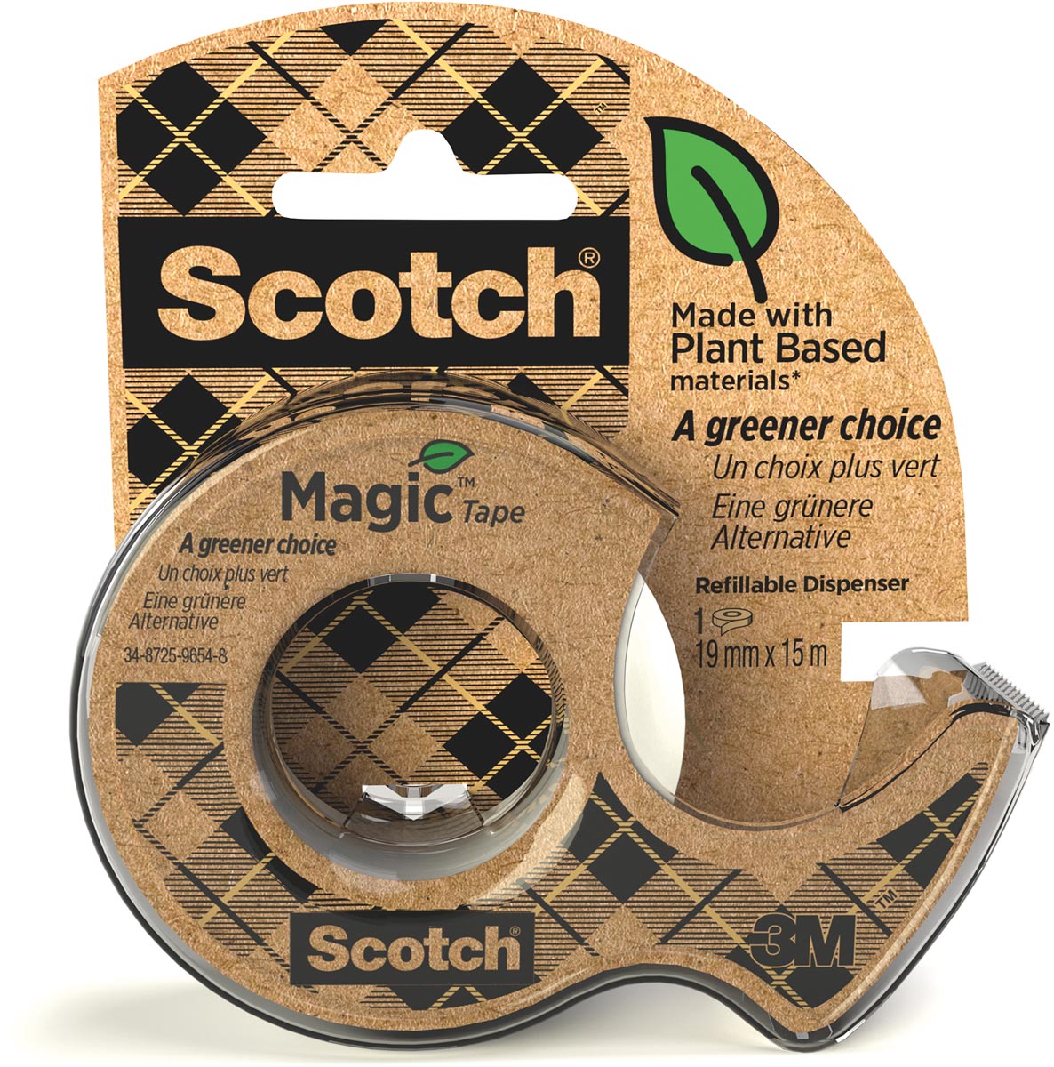 Scotch -  Plakband Magic e A greener choice ft 19 mm x 15 m, op dispenser van 100 % gerecycleerd plastic
